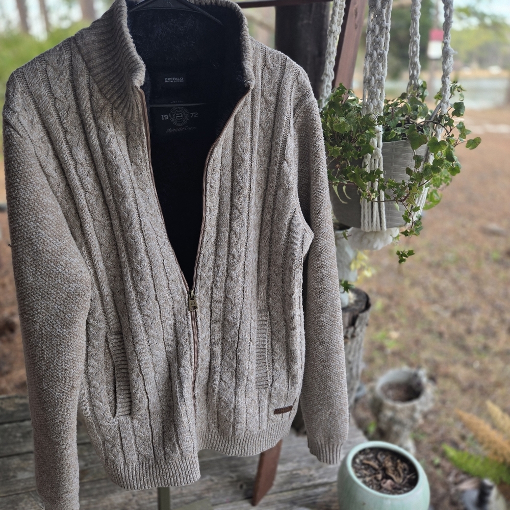 Buffalo David Bitton Men’s Sherpa Lined Cable Knit Full Zip Sweater Jacket L